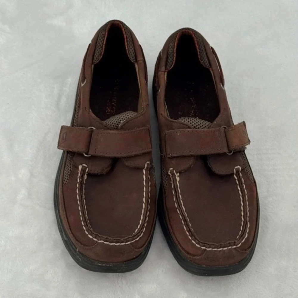 Sperry Top Sider Boys Brown Leather Boat Shoes Youth Size 3 Easy No Tie straps